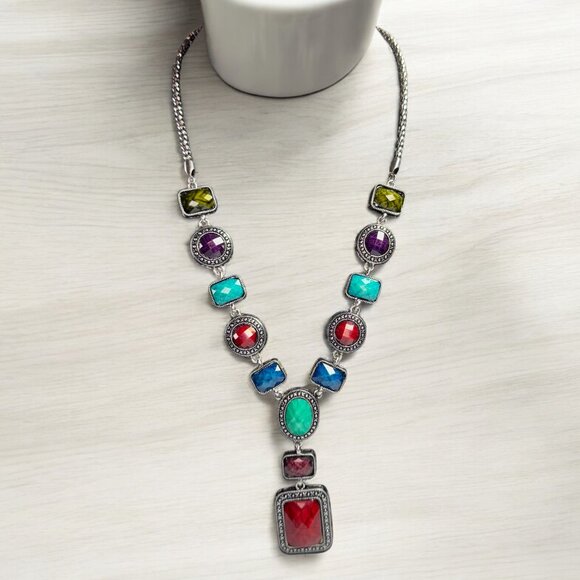 Silver Tone Statement Necklace Faceted Multicoloured Plastic Stones 20 inches - Picture 2 of 9